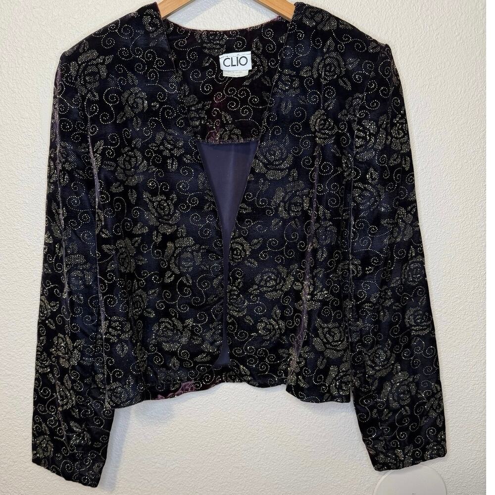 VTG Clio Glam Old Money Velvet Glitter Floral Open Front Blazer Deep Purple Med